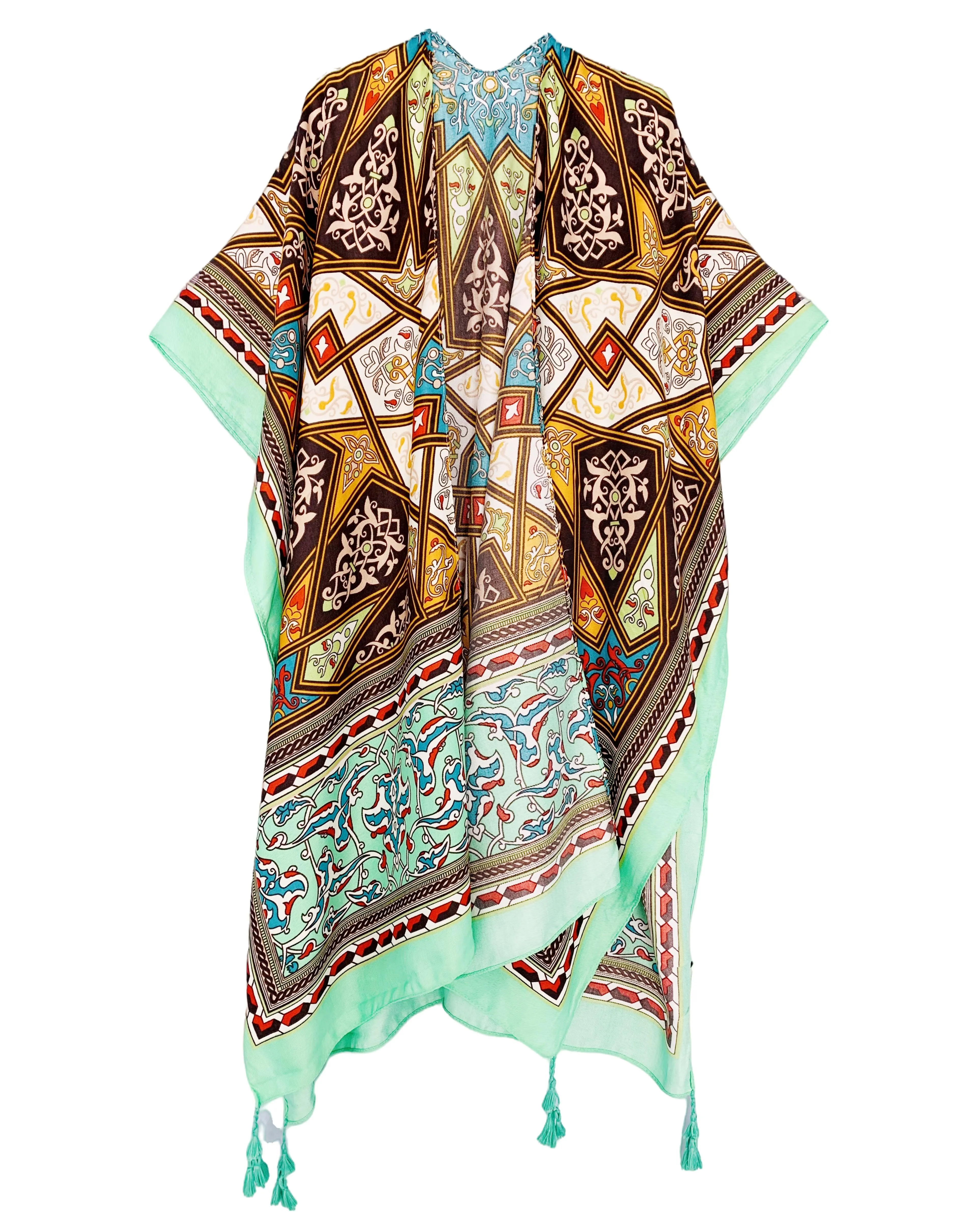 JC083374 Aqua-Multi Tassel-Accent Ethnic Kimono