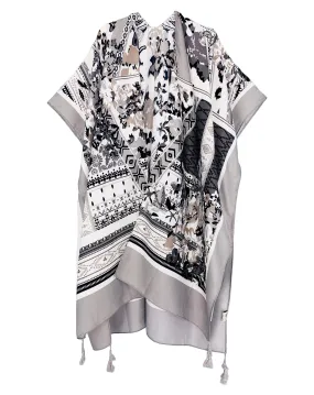 JC083379 Grey Tassel-Accent Floral Kimono