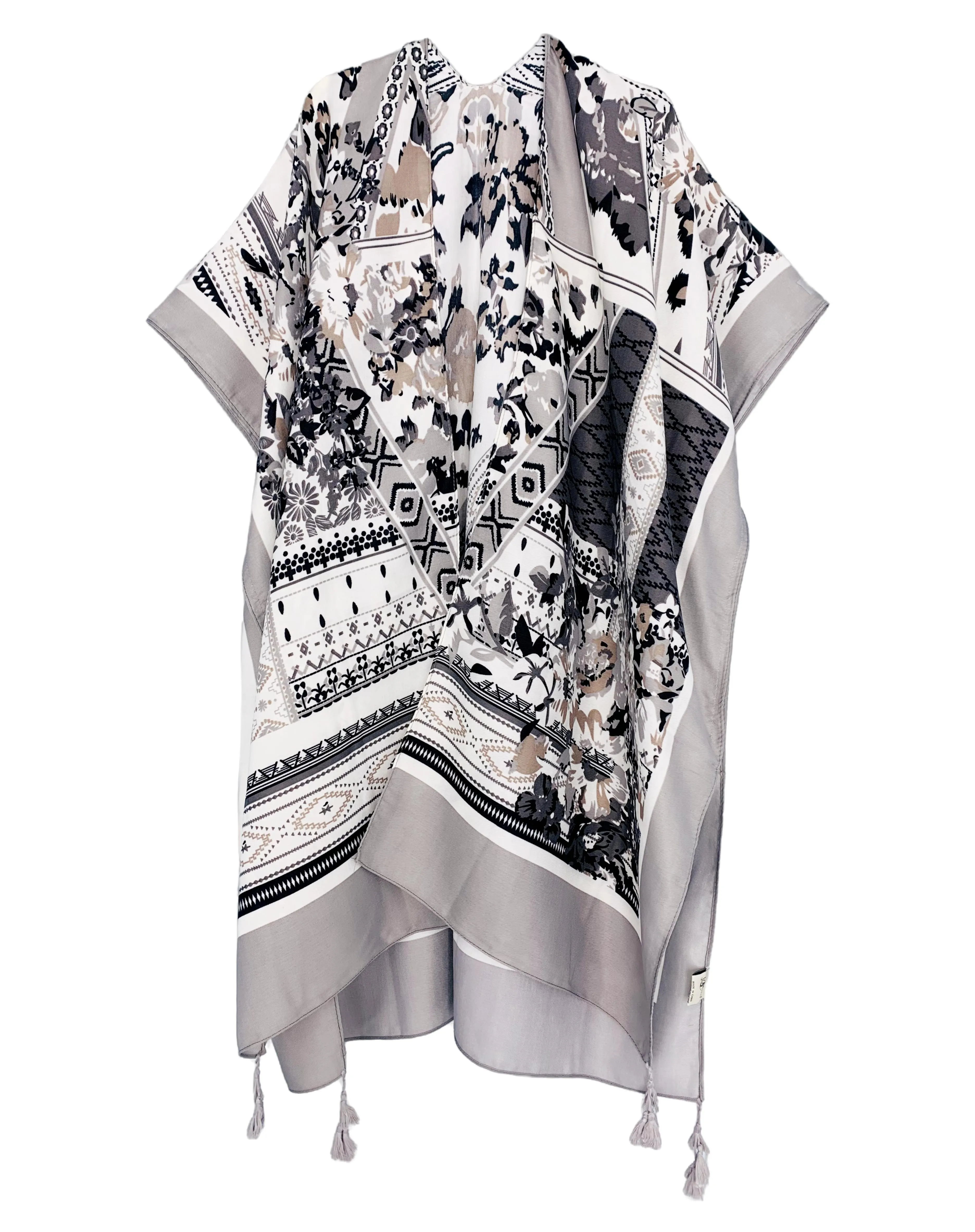 JC083379 Grey Tassel-Accent Floral Kimono