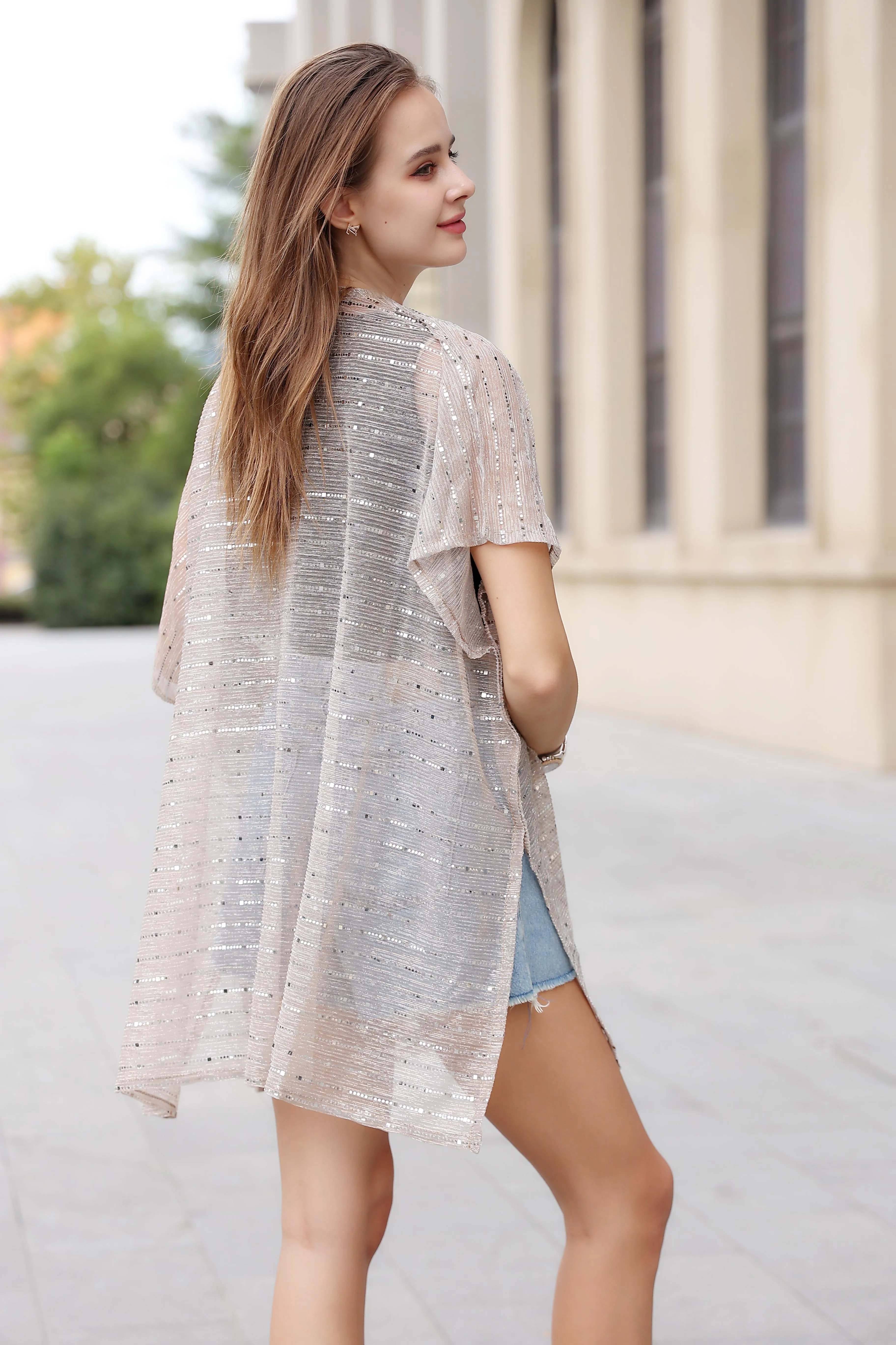 JC083390 Beige Sequin Kimono