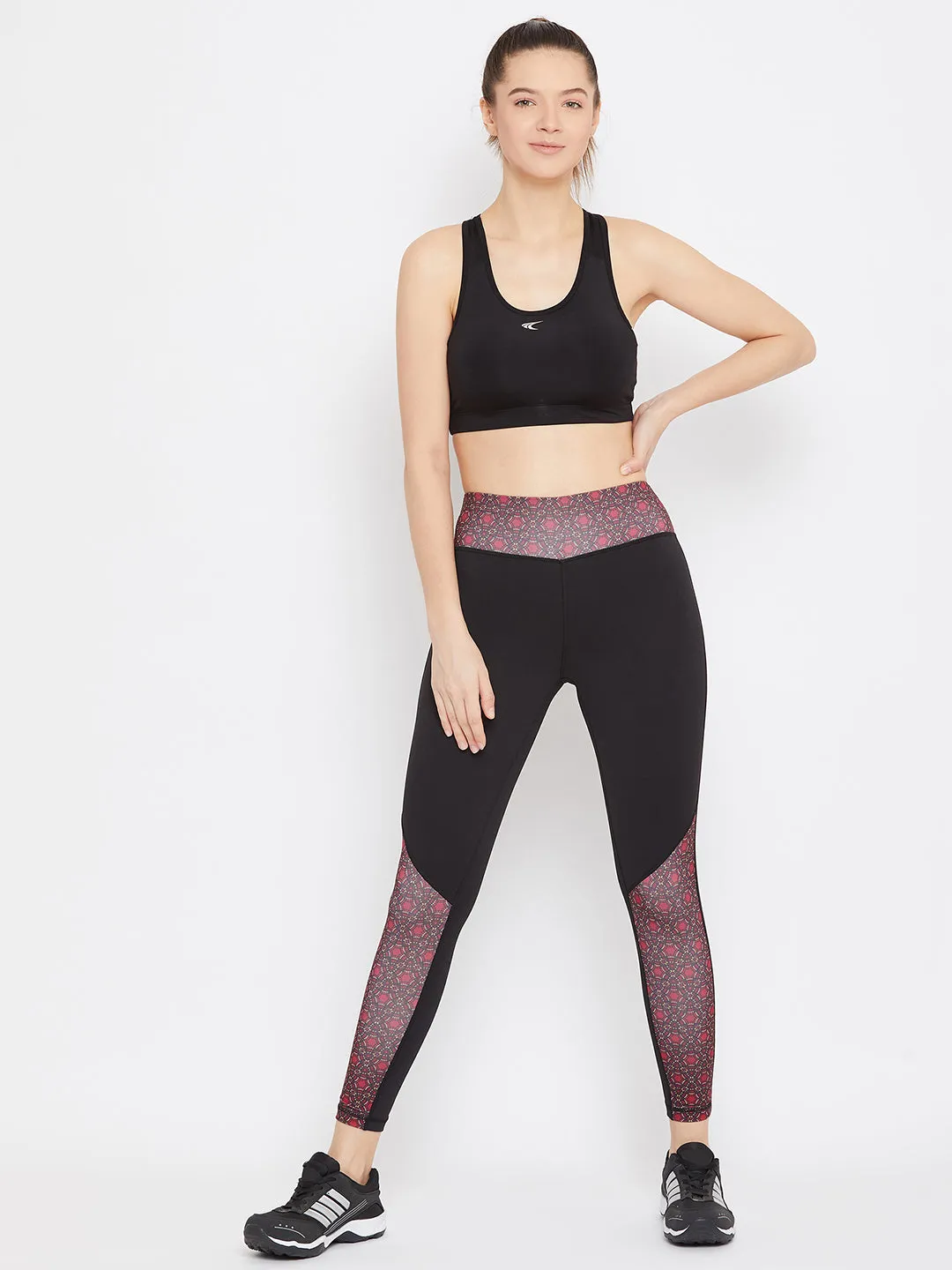 JUMP USA Women Black & Maroon Printed Active Wear Tights