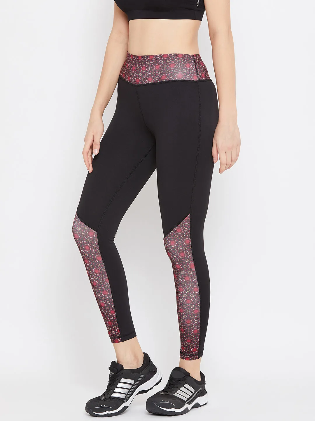 JUMP USA Women Black & Maroon Printed Active Wear Tights