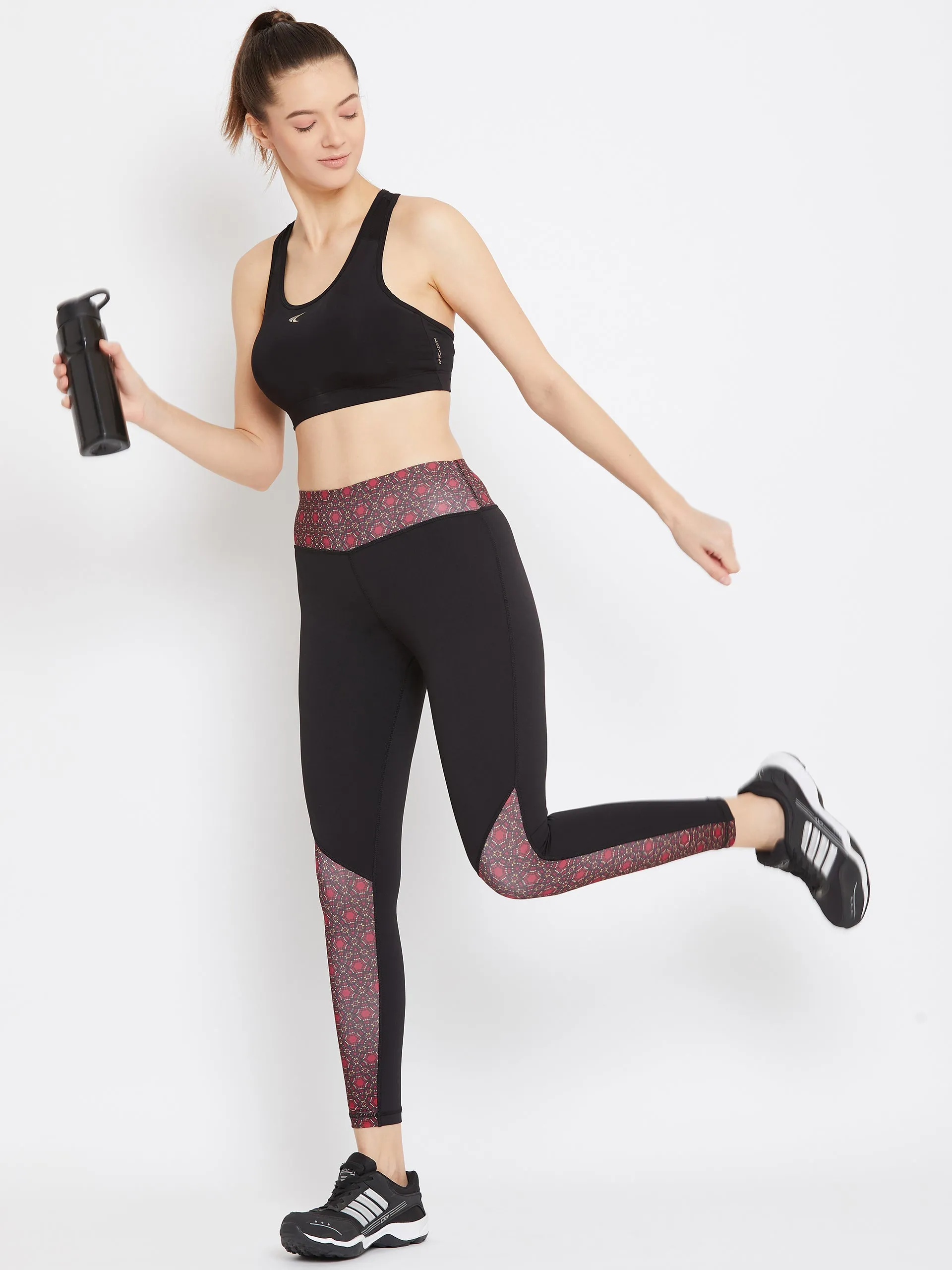 JUMP USA Women Black & Maroon Printed Active Wear Tights