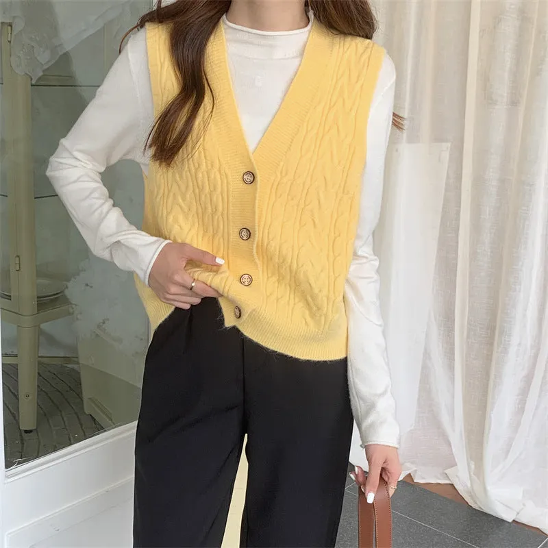 Knitted Tank Top Women Korean Solid Colored Loose Sweater Cardigan Sleeveless Vest V-Neck Outerwear