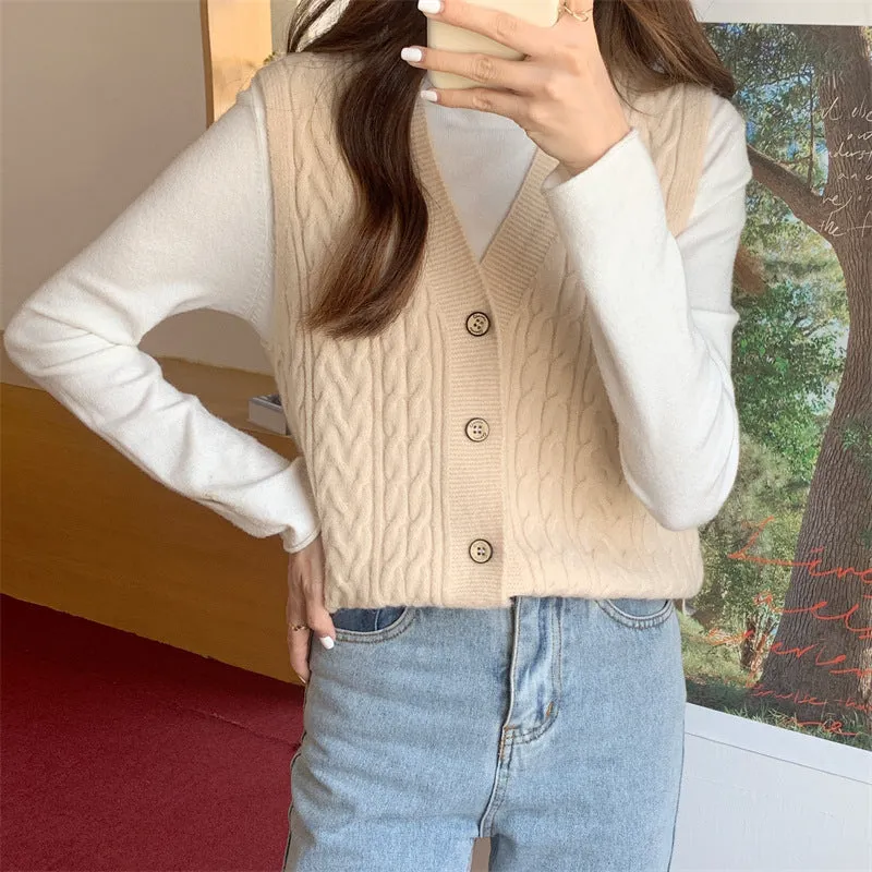 Knitted Tank Top Women Korean Solid Colored Loose Sweater Cardigan Sleeveless Vest V-Neck Outerwear