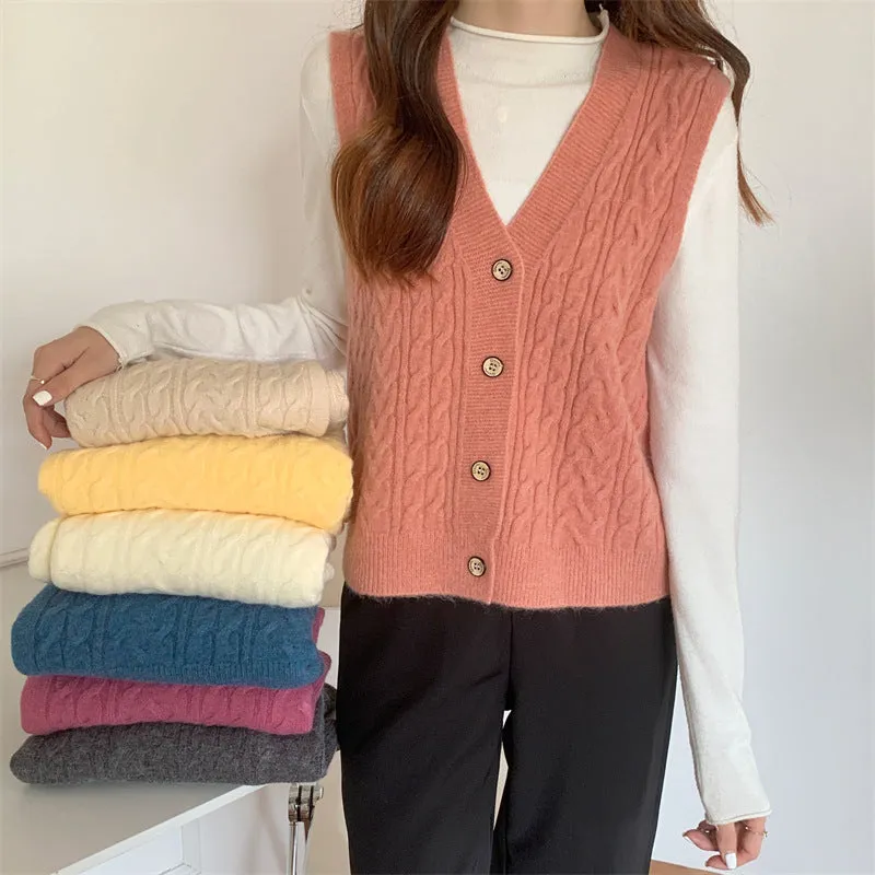Knitted Tank Top Women Korean Solid Colored Loose Sweater Cardigan Sleeveless Vest V-Neck Outerwear
