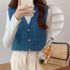 Knitted Tank Top Women Korean Solid Colored Loose Sweater Cardigan Sleeveless Vest V-Neck Outerwear