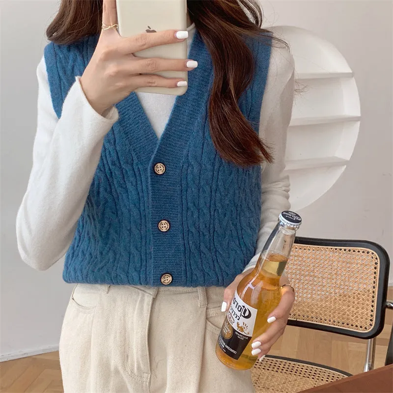 Knitted Tank Top Women Korean Solid Colored Loose Sweater Cardigan Sleeveless Vest V-Neck Outerwear