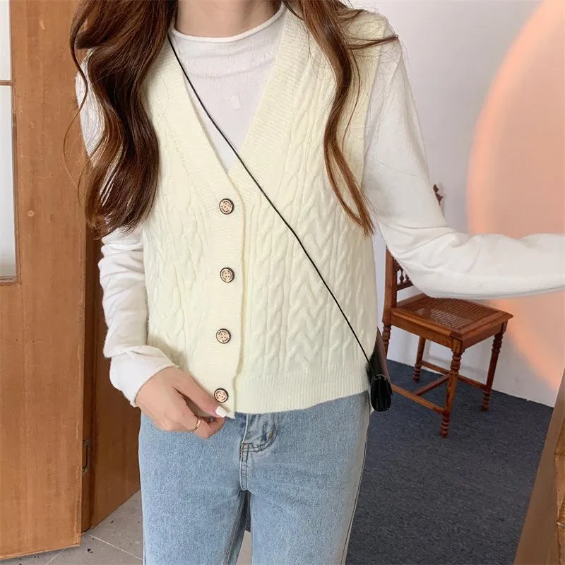 Knitted Tank Top Women Korean Solid Colored Loose Sweater Cardigan Sleeveless Vest V-Neck Outerwear