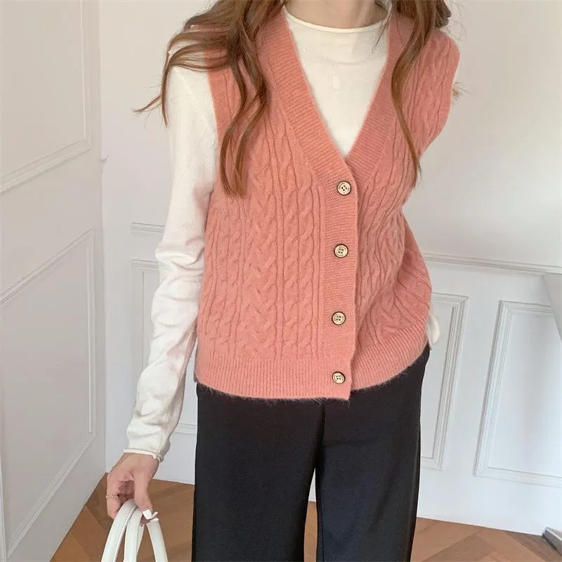 Knitted Tank Top Women Korean Solid Colored Loose Sweater Cardigan Sleeveless Vest V-Neck Outerwear