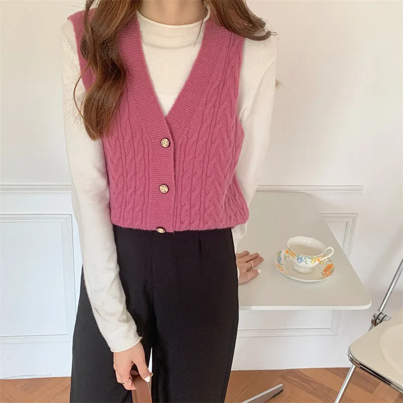 Knitted Tank Top Women Korean Solid Colored Loose Sweater Cardigan Sleeveless Vest V-Neck Outerwear