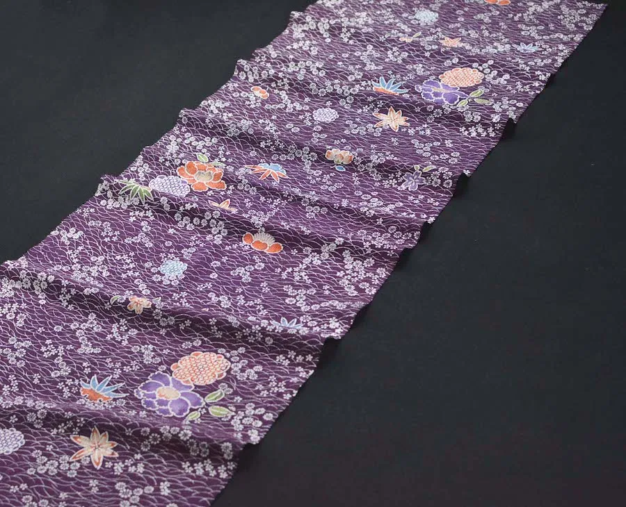 Last Pieces, Floating Flowers Vintage Kimono Silk Chirimen Crepe from Japan. Piece Size 13.25" x 66"  #4650
