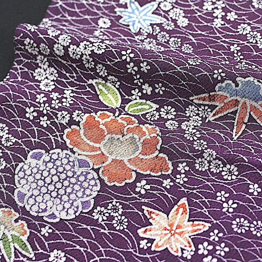 Last Pieces, Floating Flowers Vintage Kimono Silk Chirimen Crepe from Japan. Piece Size 13.25" x 66"  #4650
