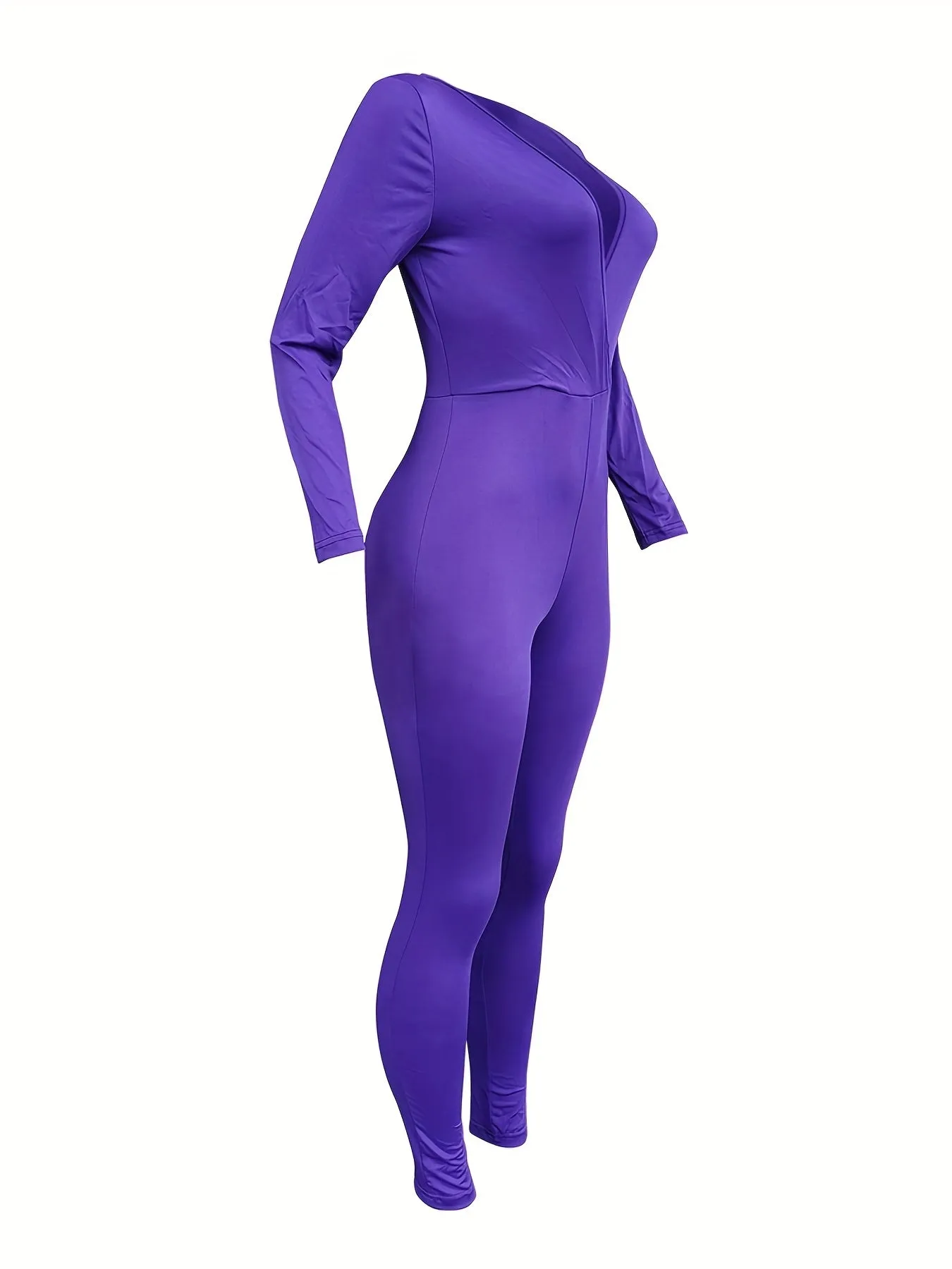 Long Sleeve Slim Jumpsuit, V Neck Casual Jumpsuit, Women's Clothing