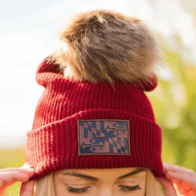 Maryland Flag Leather Patch (Burgundy w/ Fur Pom) / Slouchy Knit Beanie Cap