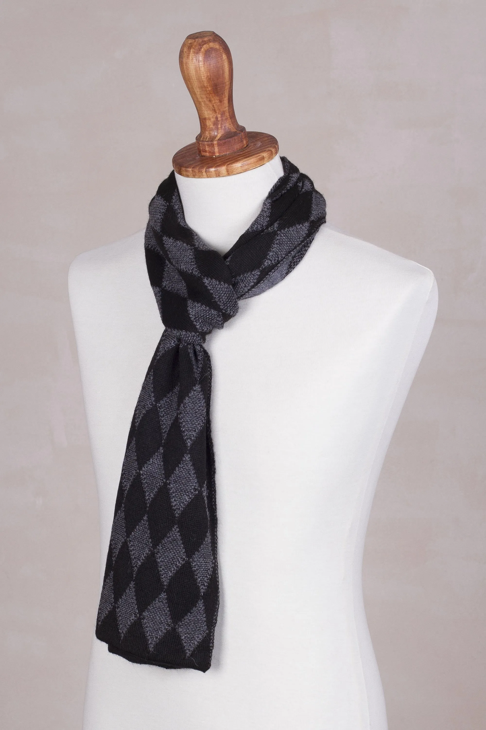 Men's Alpaca Blend Scarf with Grey Diamond Patterns - Diamond Grey | NOVICA
