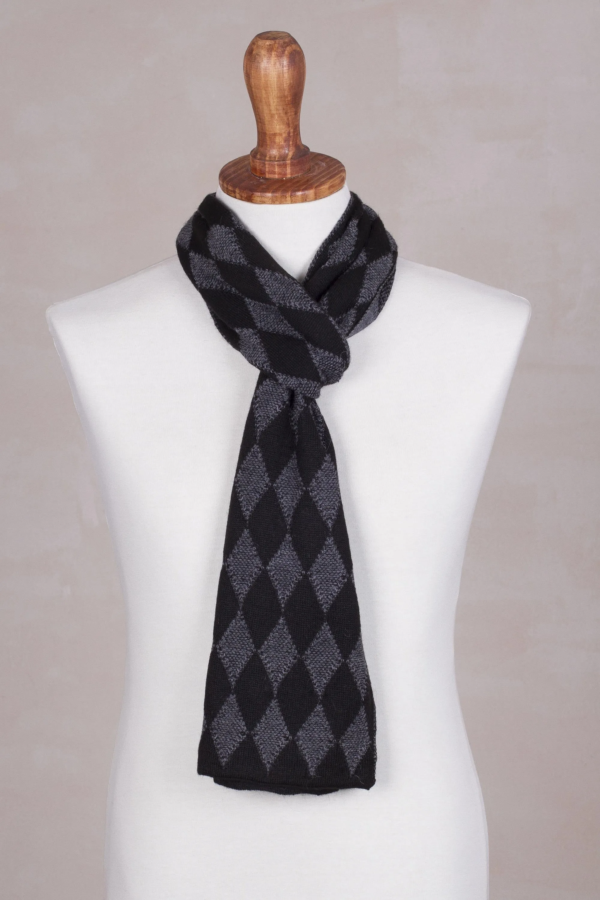 Men's Alpaca Blend Scarf with Grey Diamond Patterns - Diamond Grey | NOVICA