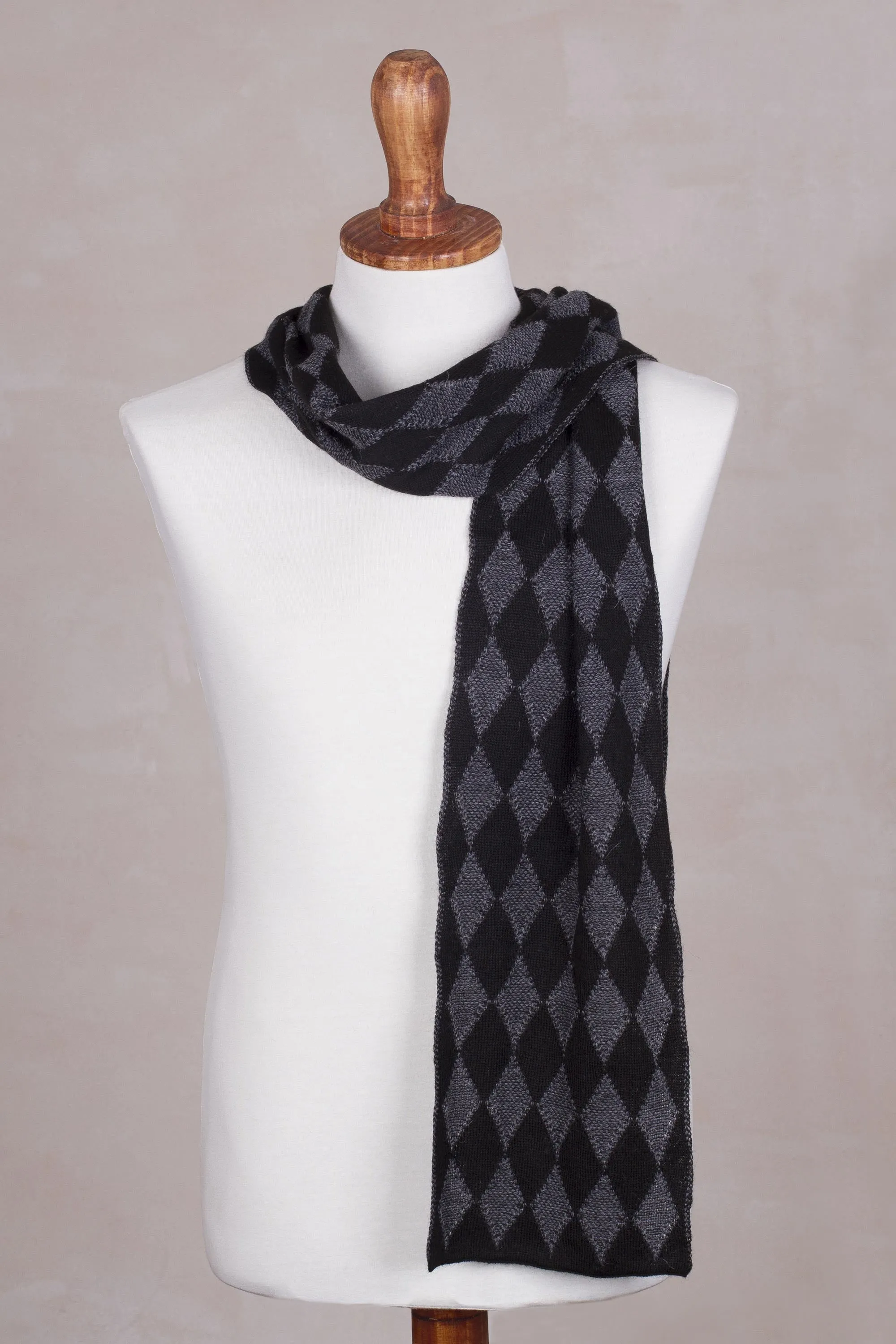 Men's Alpaca Blend Scarf with Grey Diamond Patterns - Diamond Grey | NOVICA