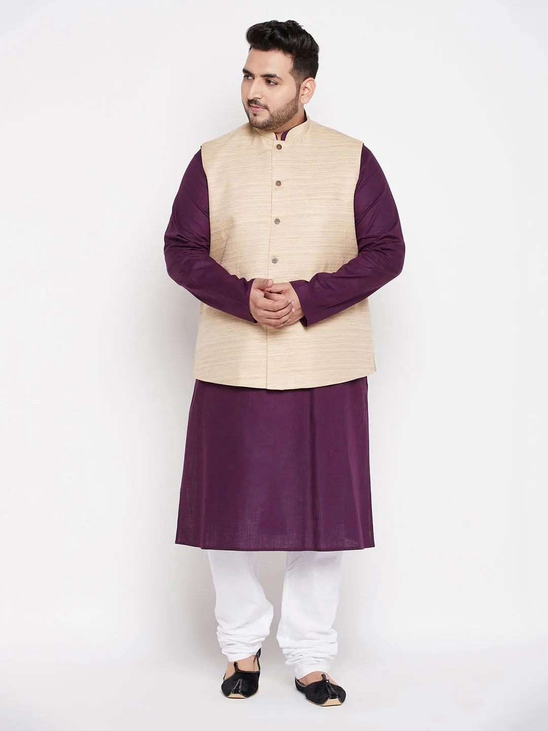 Men's Plus Purple, Beige And White Cotton Blend Jacket Kurta Pyjama Set - Vastramay