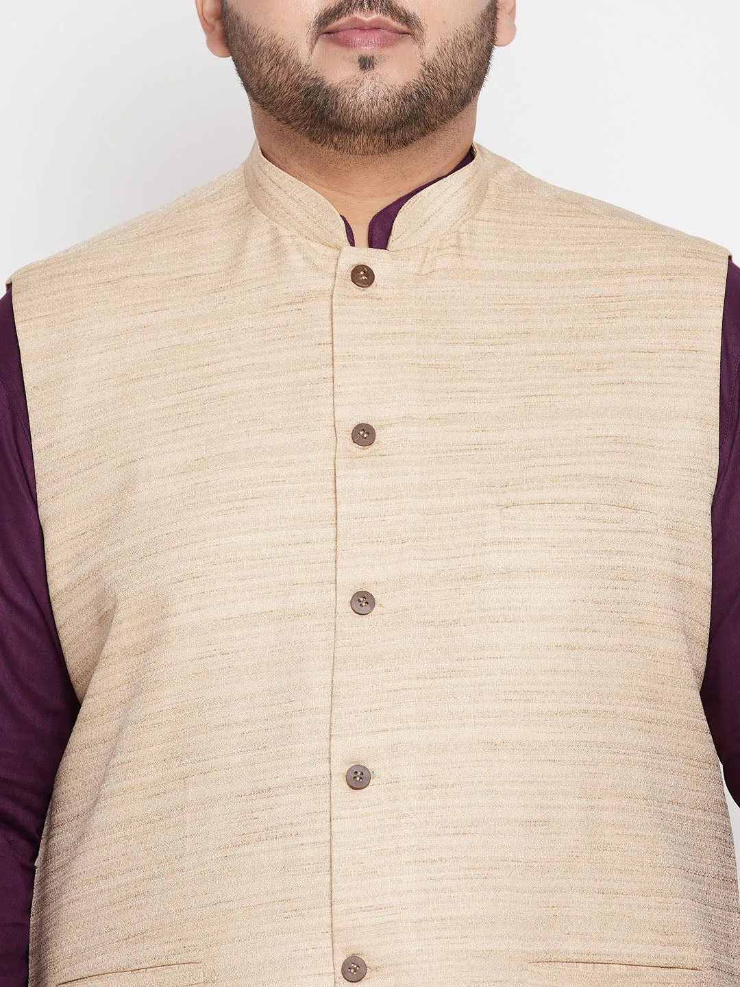 Men's Plus Purple, Beige And White Cotton Blend Jacket Kurta Pyjama Set - Vastramay