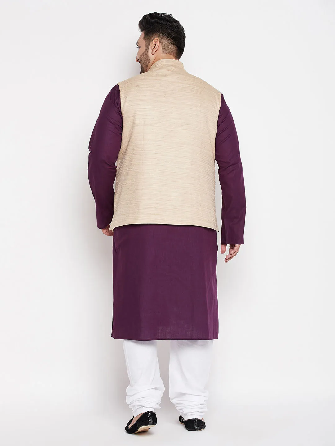 Men's Plus Purple, Beige And White Cotton Blend Jacket Kurta Pyjama Set - Vastramay