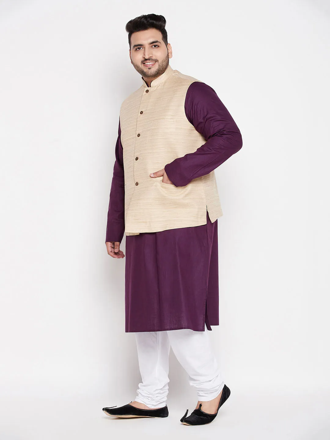 Men's Plus Purple, Beige And White Cotton Blend Jacket Kurta Pyjama Set - Vastramay