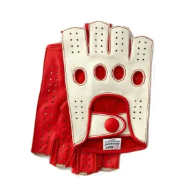 Men's Reverse Stitched Fingerless Leather Driving Gloves - White/Red