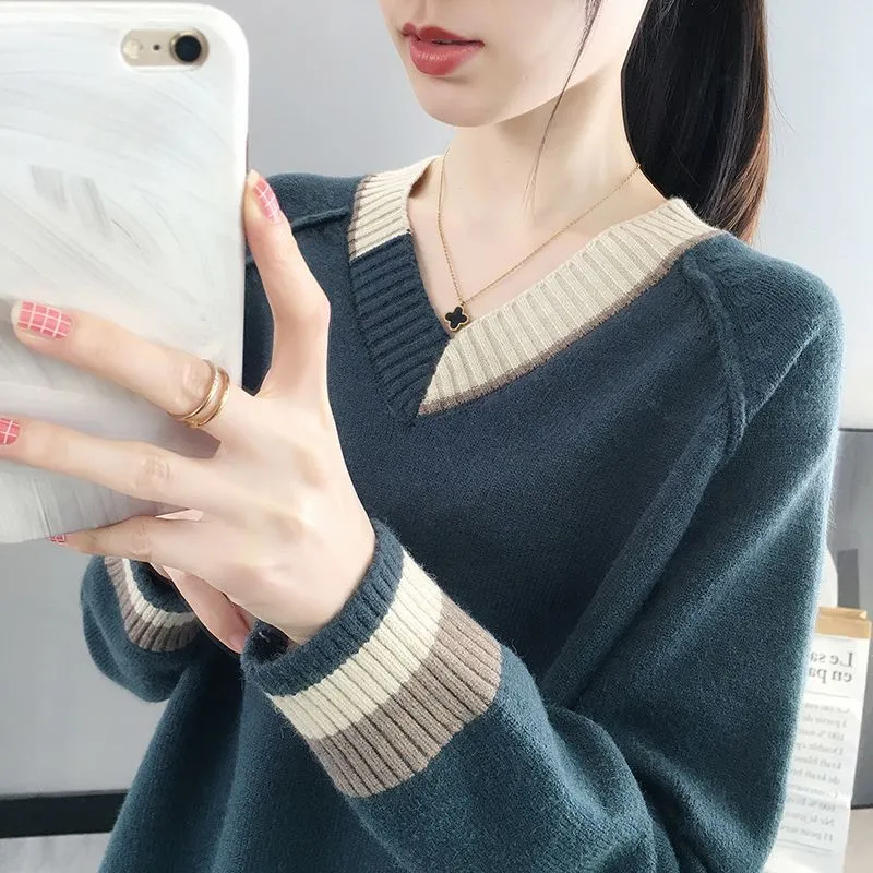 METAVERSMALL Lazy loose solid color V-neck sweater 2023 autumn and winter Korean version women's knitted sweater pullover outer jacket bottoming shirt