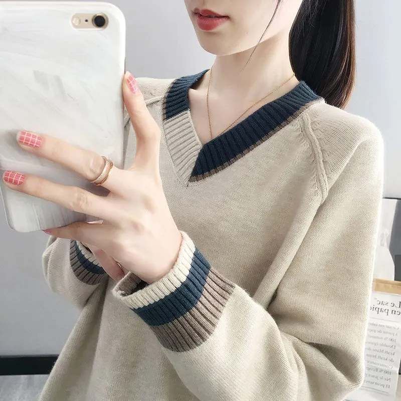 METAVERSMALL Lazy loose solid color V-neck sweater 2023 autumn and winter Korean version women's knitted sweater pullover outer jacket bottoming shirt