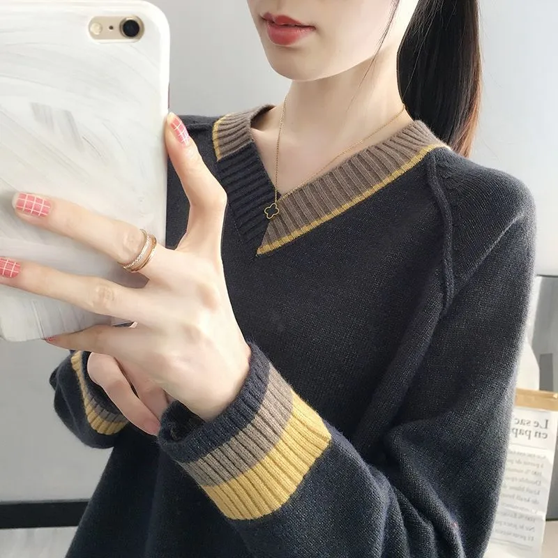 METAVERSMALL Lazy loose solid color V-neck sweater 2023 autumn and winter Korean version women's knitted sweater pullover outer jacket bottoming shirt