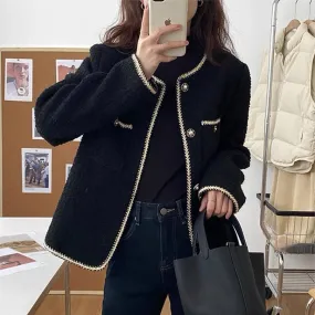 METAVERSMALL tweed black small fragrant style round neck long-sleeved jacket fashion temperament versatile top 2023 new high-end sense