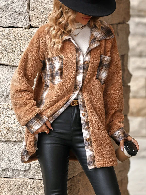 Mid-Length Lapel Plaid Plush Coat