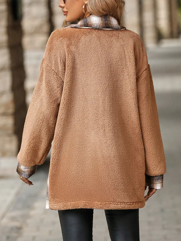 Mid-Length Lapel Plaid Plush Coat