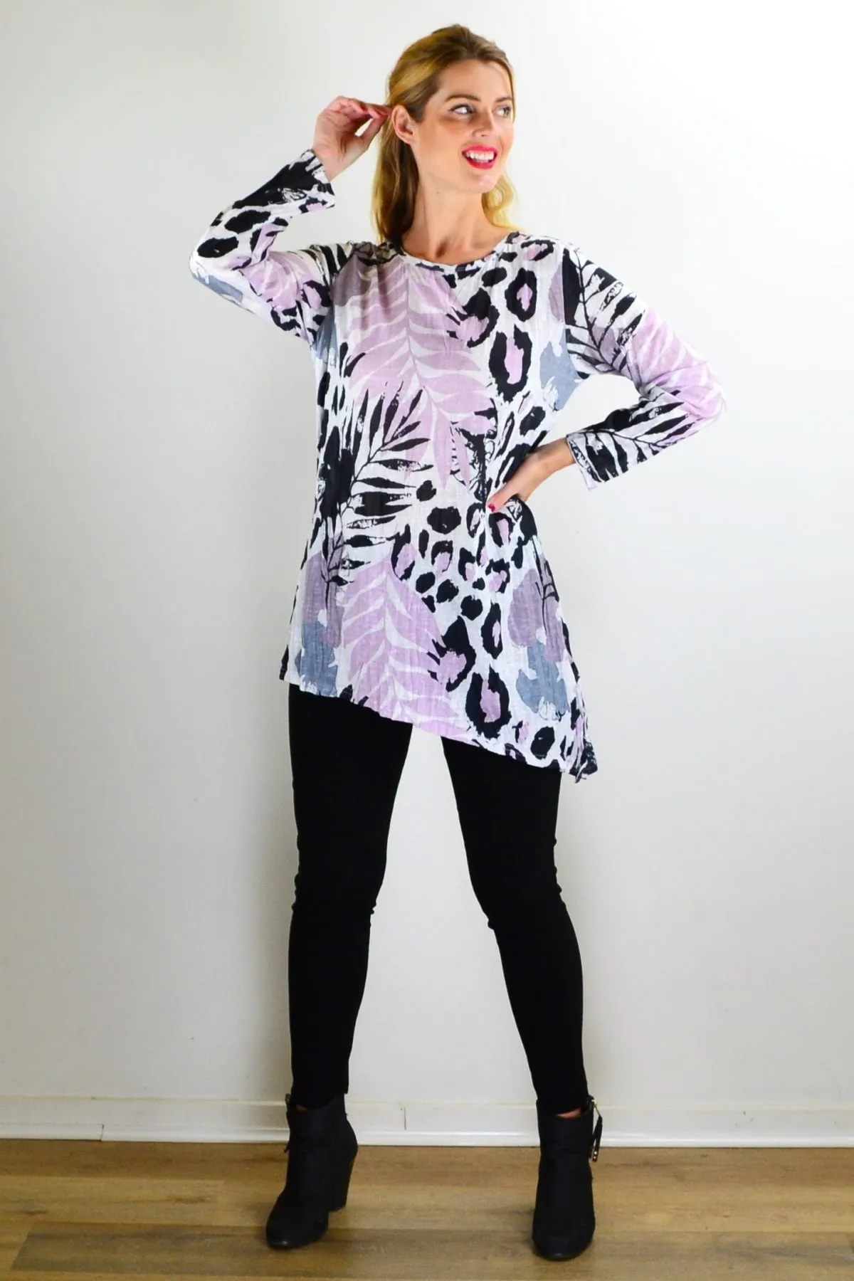 Pink Jungle Print Crinkle Tunic Top