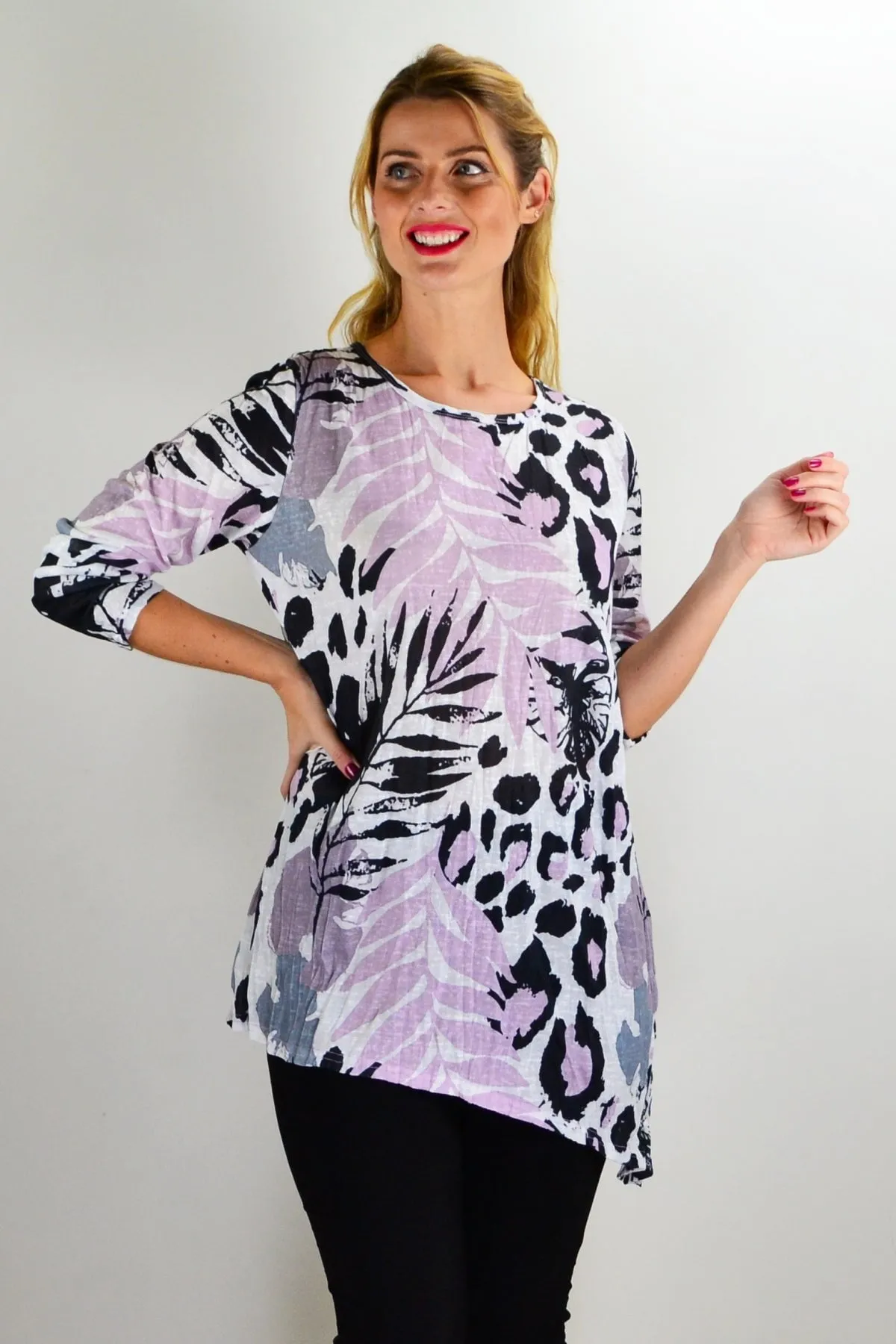 Pink Jungle Print Crinkle Tunic Top