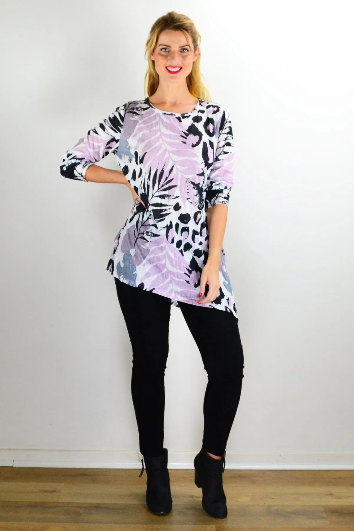 Pink Jungle Print Crinkle Tunic Top