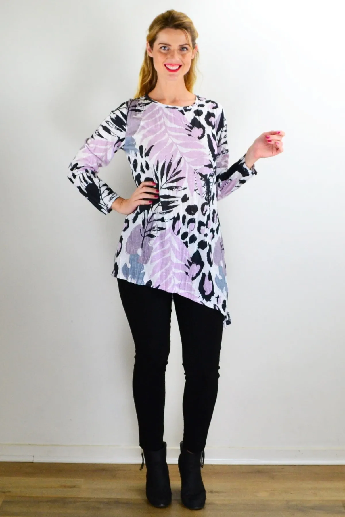 Pink Jungle Print Crinkle Tunic Top