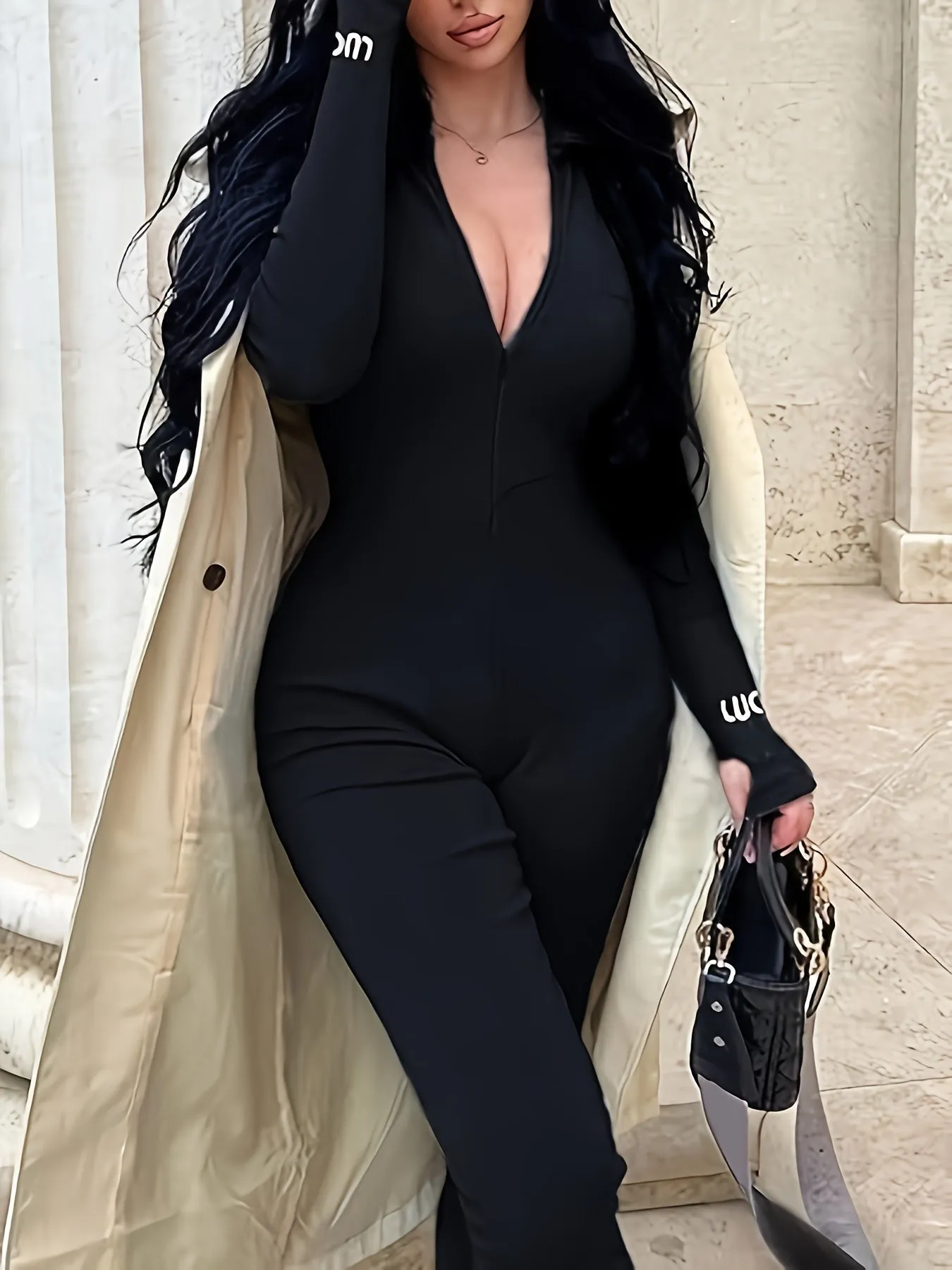 Plus Size Solid Slim Plunging Jumpsuit - Long Sleeve, One Piece, Casual, Comfortable, Flattering, Bodycon Design - Women's Plus Size Clothing for Daily Wear