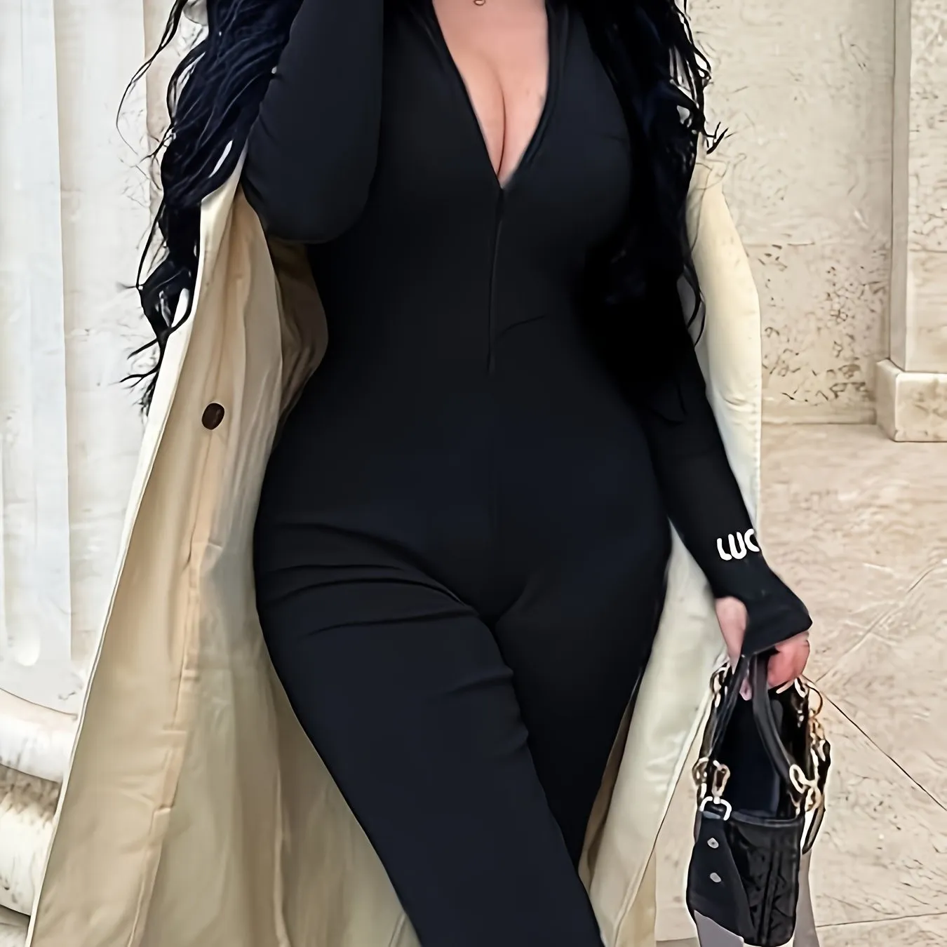 Plus Size Solid Slim Plunging Jumpsuit - Long Sleeve, One Piece, Casual, Comfortable, Flattering, Bodycon Design - Women's Plus Size Clothing for Daily Wear