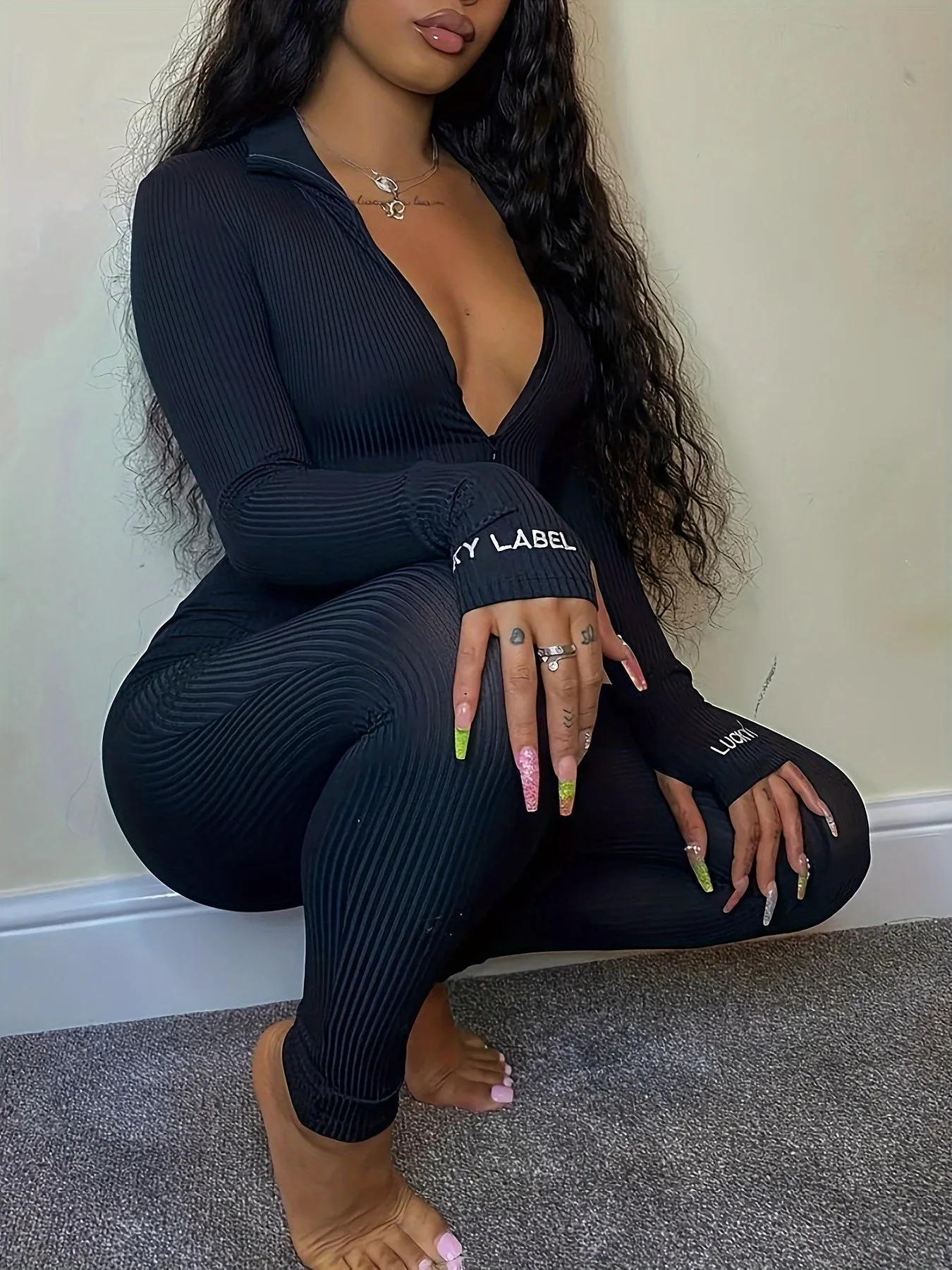 Plus Size Solid Slim Plunging Jumpsuit - Long Sleeve, One Piece, Casual, Comfortable, Flattering, Bodycon Design - Women's Plus Size Clothing for Daily Wear