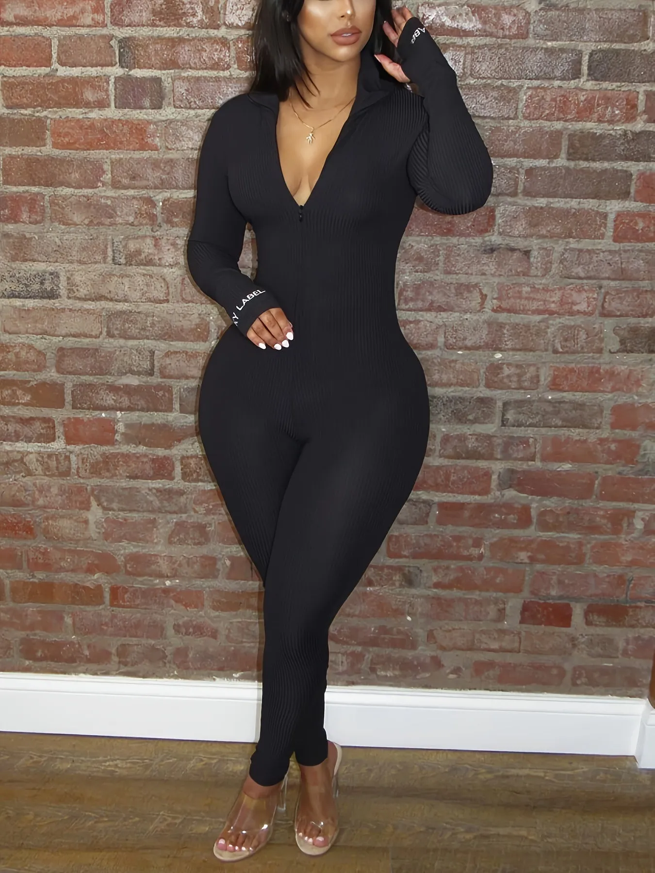 Plus Size Solid Slim Plunging Jumpsuit - Long Sleeve, One Piece, Casual, Comfortable, Flattering, Bodycon Design - Women's Plus Size Clothing for Daily Wear