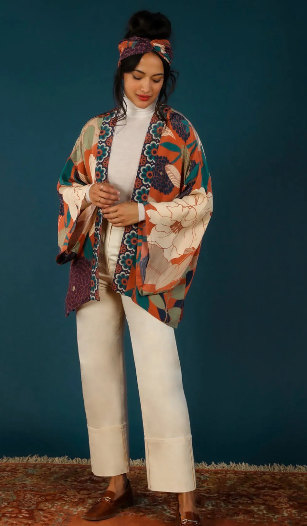 Powder Winter Floral Kimono Jacket - Terracotta