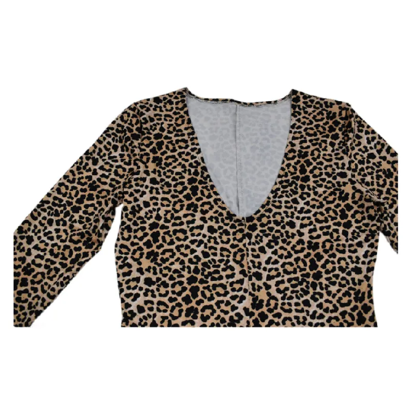 Random Leopard Print V Neck Jumpsuit, Sexy Long Sleeve Bodycon Jumpsuit, Women's Clothing