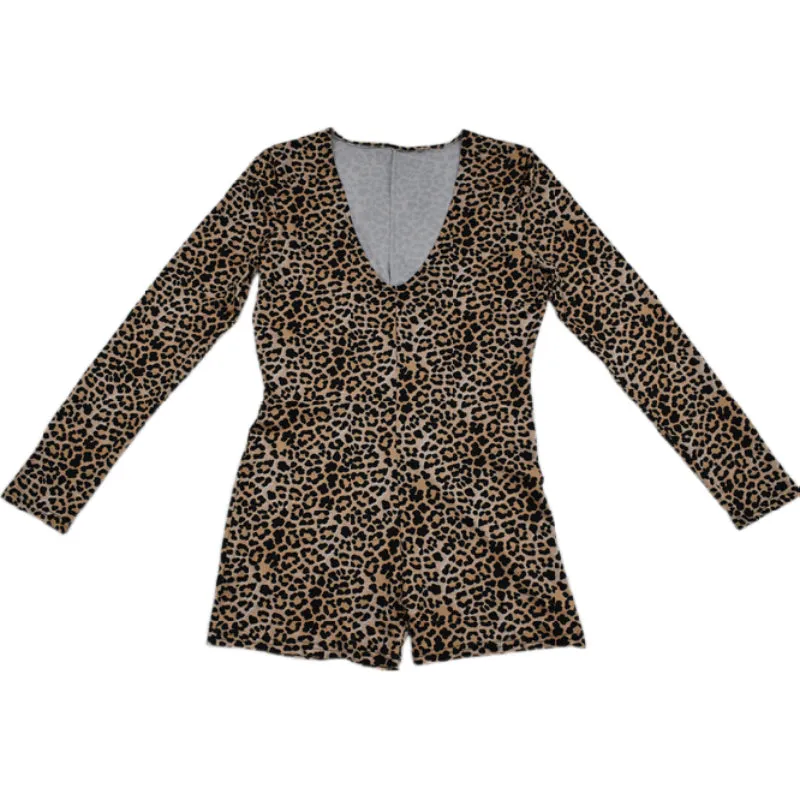 Random Leopard Print V Neck Jumpsuit, Sexy Long Sleeve Bodycon Jumpsuit, Women's Clothing