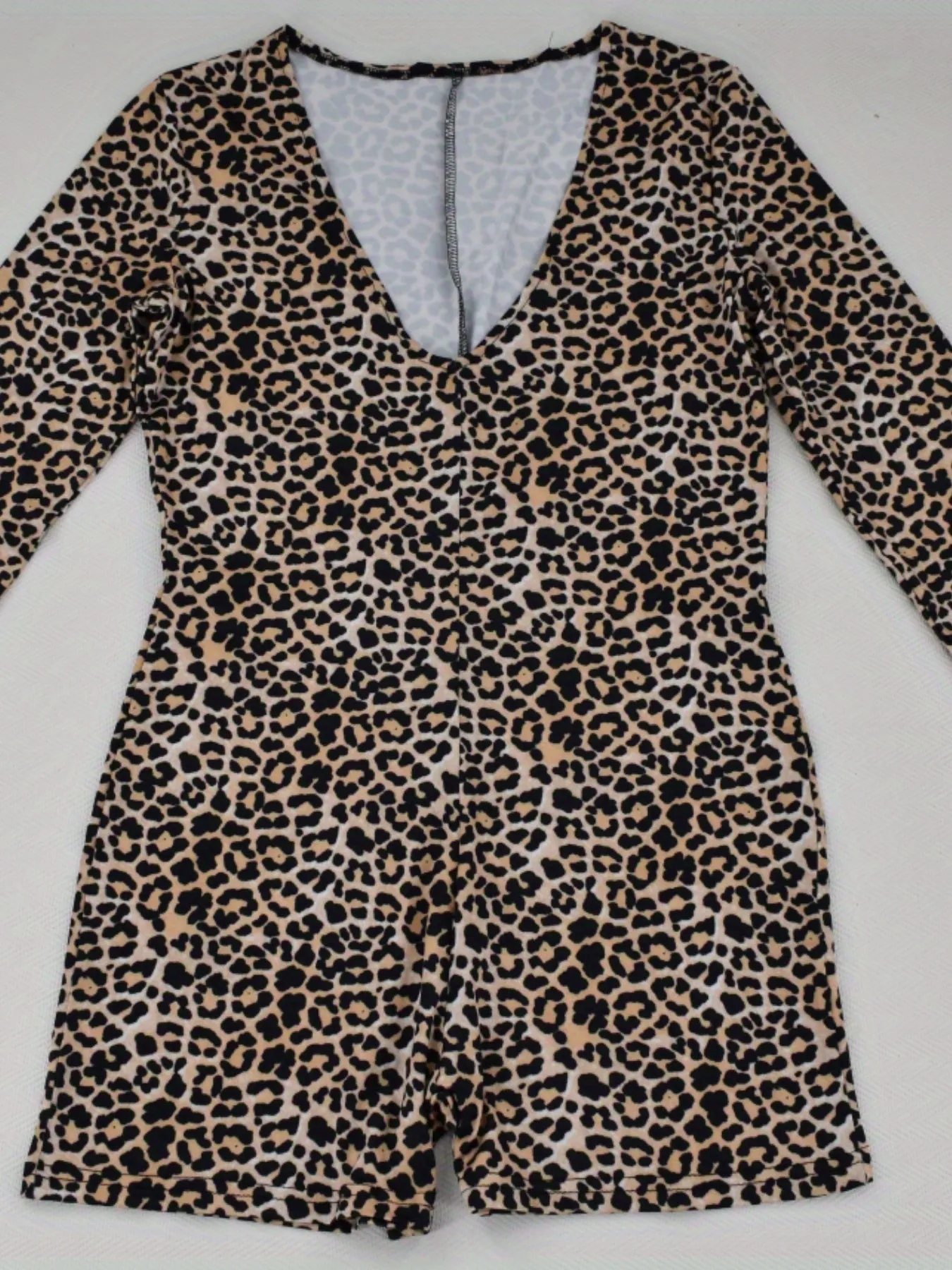 Random Leopard Print V Neck Jumpsuit, Sexy Long Sleeve Bodycon Jumpsuit, Women's Clothing