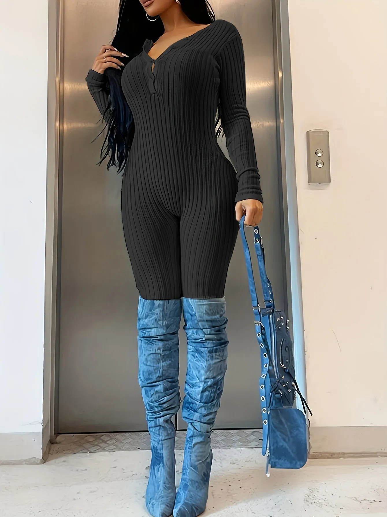 Ribbed Button Front Jumpsuit, Casual Long Sleeve Jumpsuit For Spring & Fall, Women's Clothing