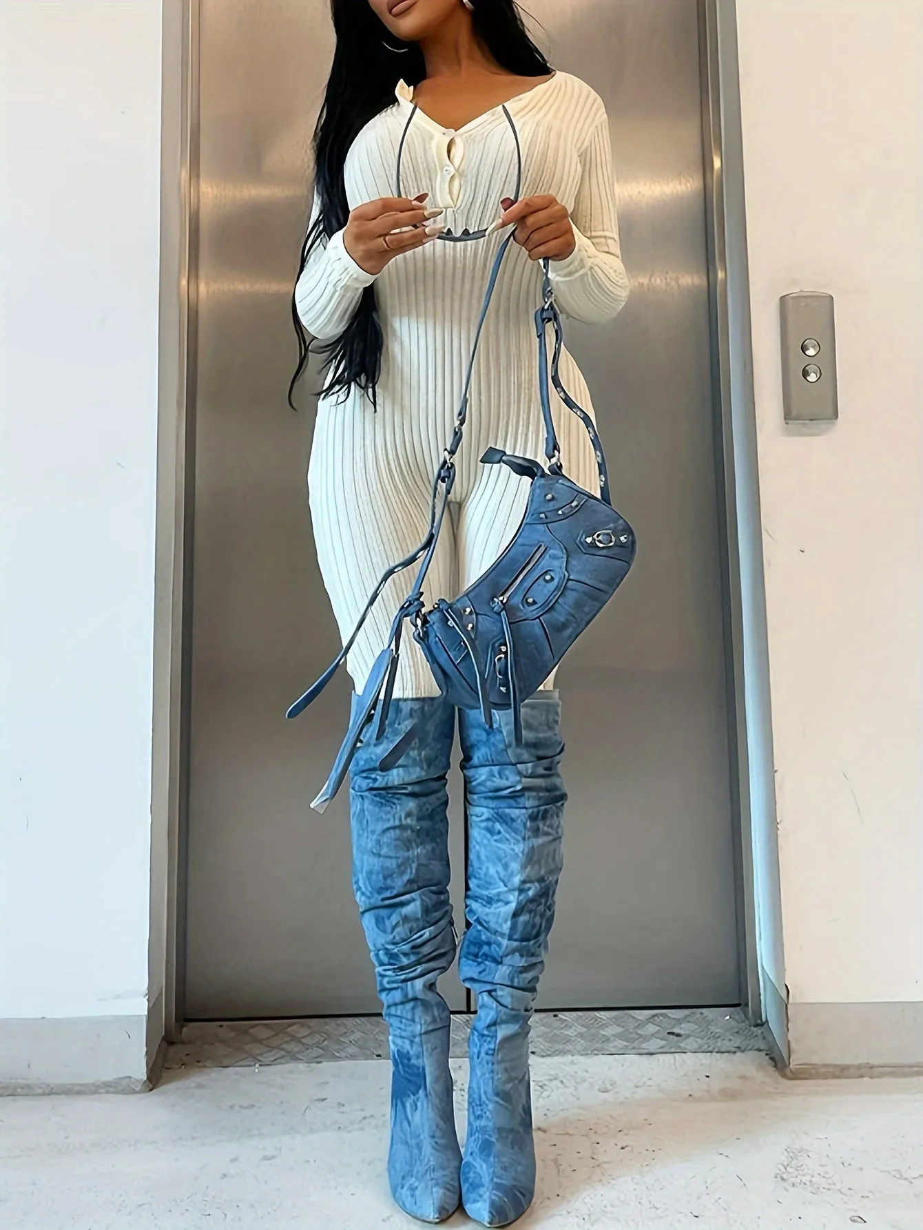 Ribbed Button Front Jumpsuit, Casual Long Sleeve Jumpsuit For Spring & Fall, Women's Clothing