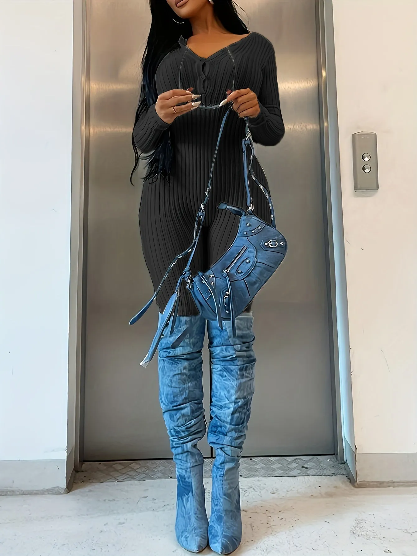 Ribbed Button Front Jumpsuit, Casual Long Sleeve Jumpsuit For Spring & Fall, Women's Clothing