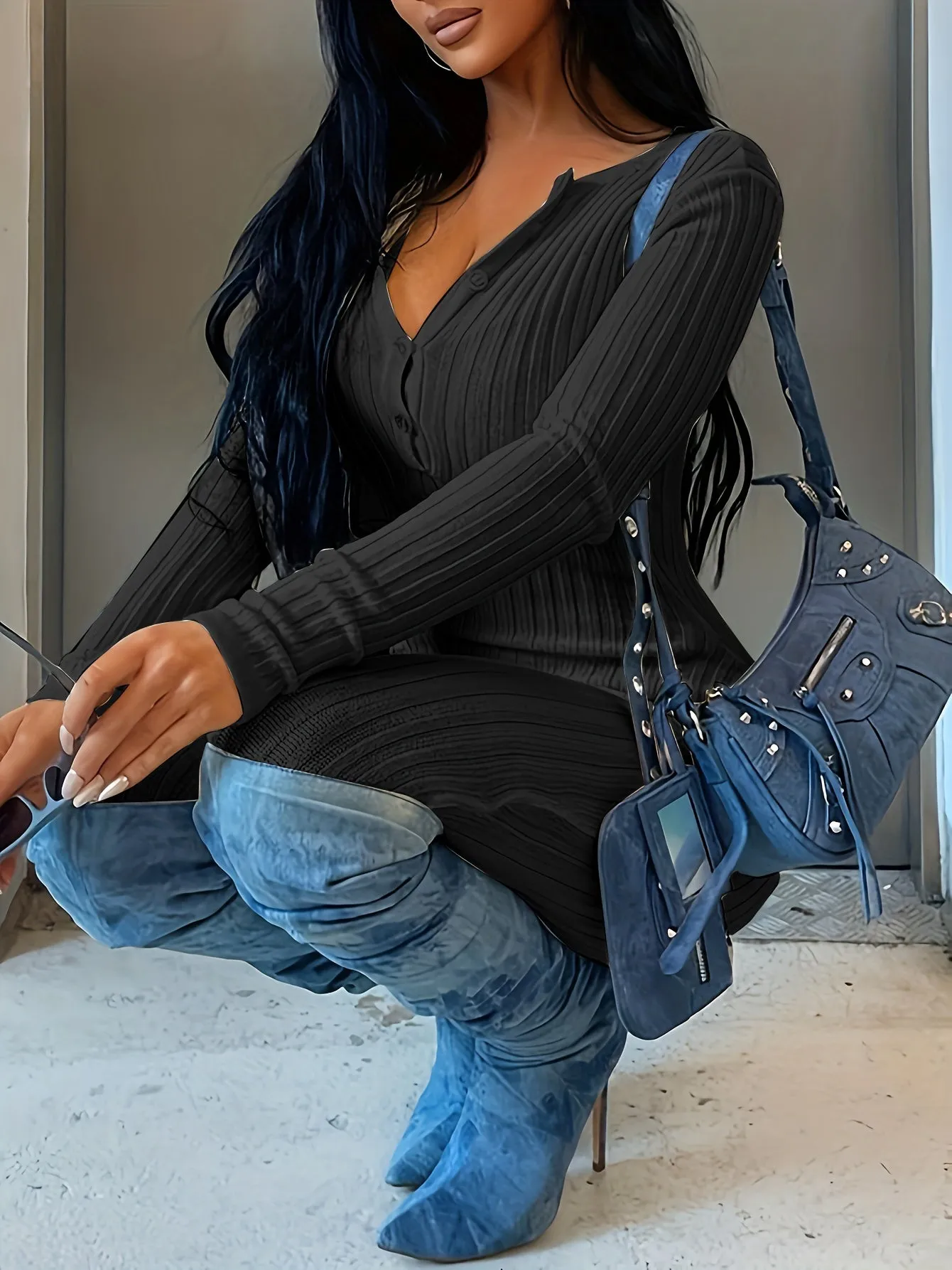 Ribbed Button Front Jumpsuit, Casual Long Sleeve Jumpsuit For Spring & Fall, Women's Clothing
