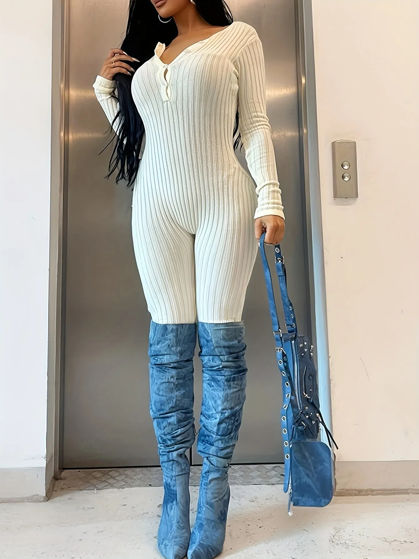 Ribbed Button Front Jumpsuit, Casual Long Sleeve Jumpsuit For Spring & Fall, Women's Clothing